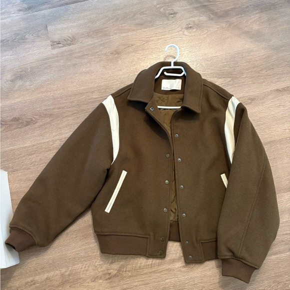 OAK + FORT Jackets & Blazers - Olive Green and Cream Varsity Bomber Jacket